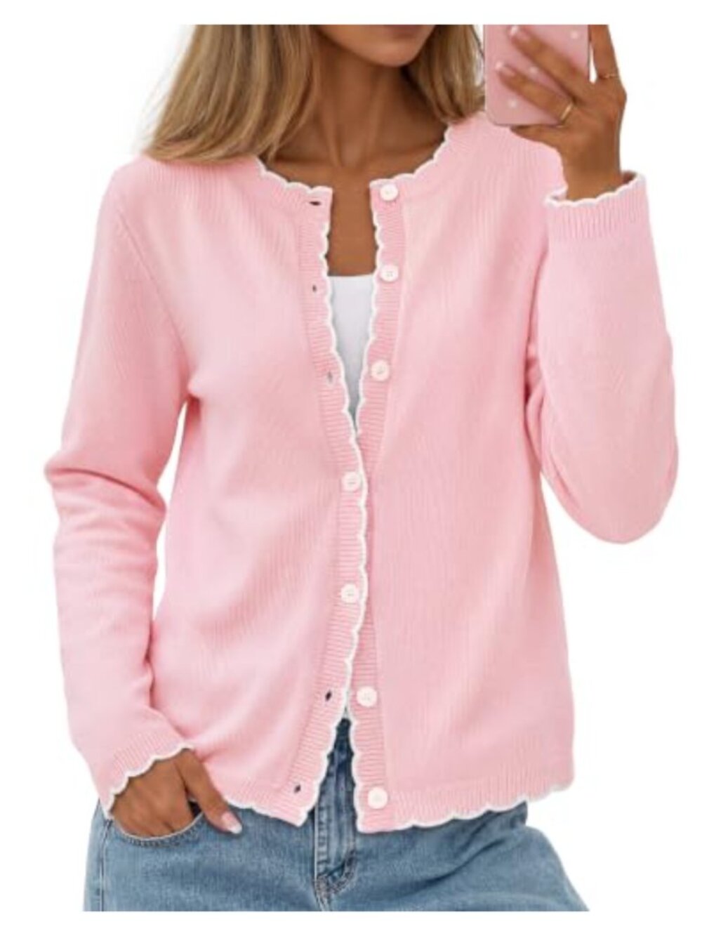 Women's Long Sleeve Button Down Scalloped Trim Knit Cardigan Sweater